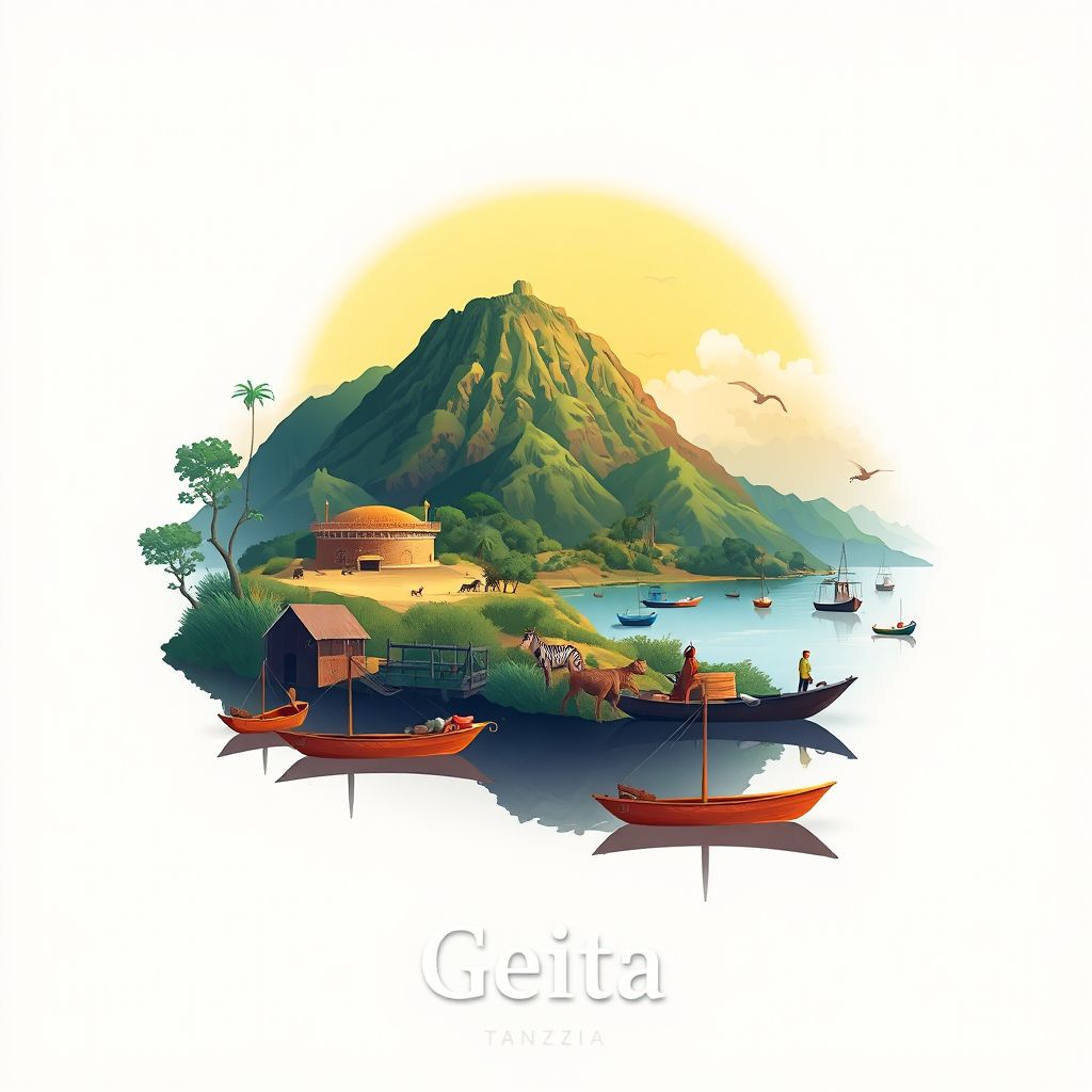 Ultra-high-definition gradient illustration of Geita, featuring the Geita Gold Mine, Lake Victoria, traditional fishing boats, and local wildlife.