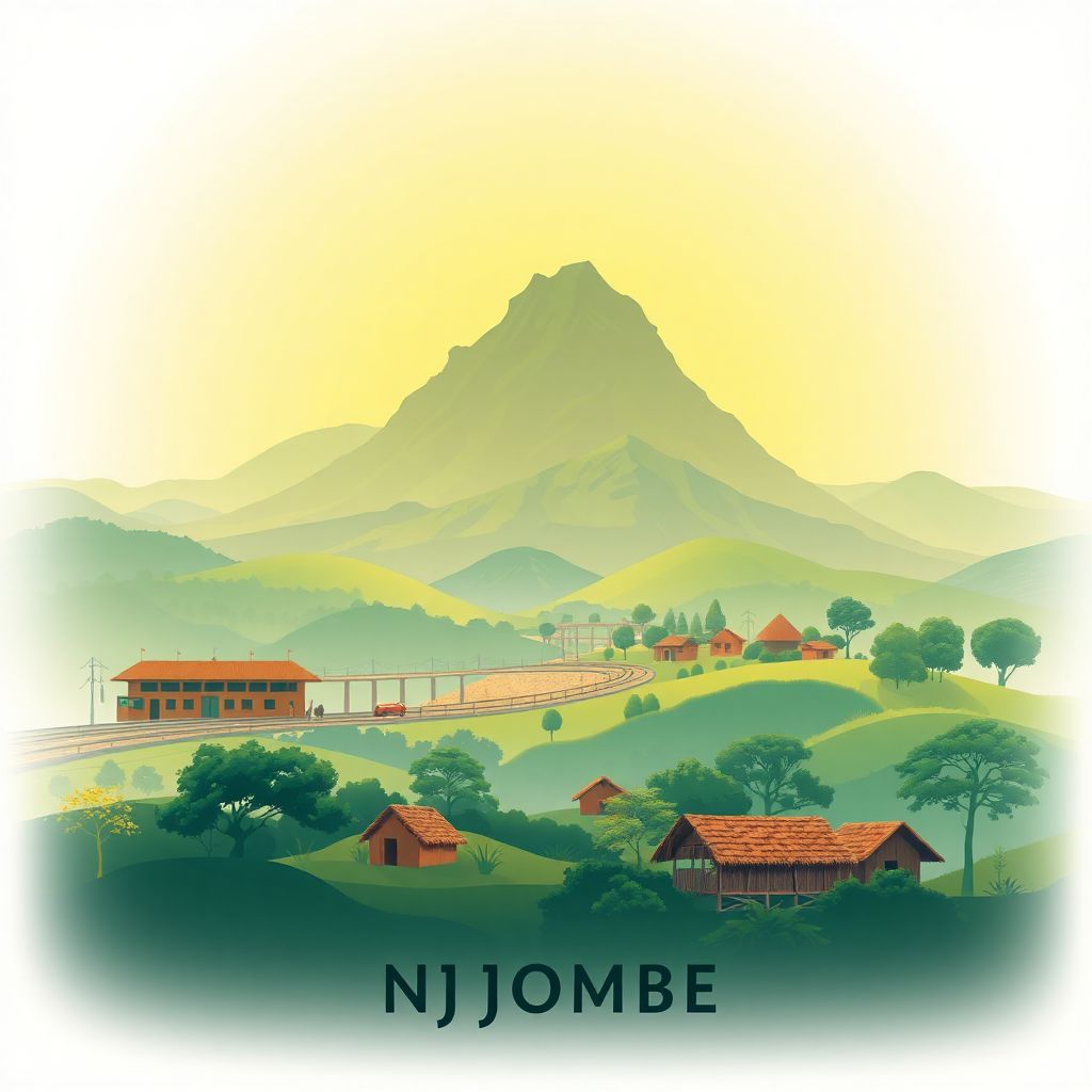 Ultra-high-definition gradient illustration of Njombe, Tanzania, featuring the Njombe Railway Station, Southern Highlands landscapes, and Lupa Gold Fields.