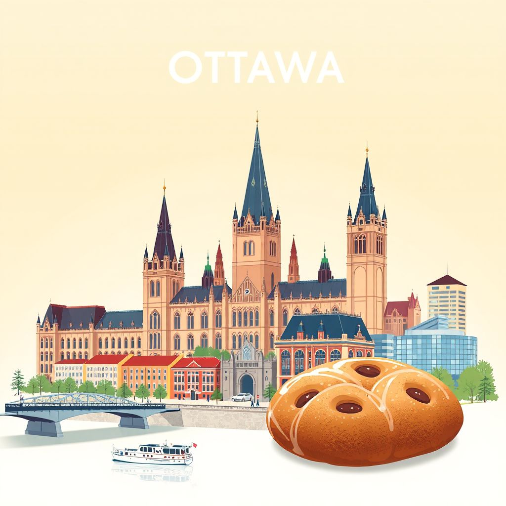 Ultra-high-definition gradient illustration style Ottawa illustration, showing the unique charm of Parliament Hill, Rideau Canal, and BeaverTails pastry.