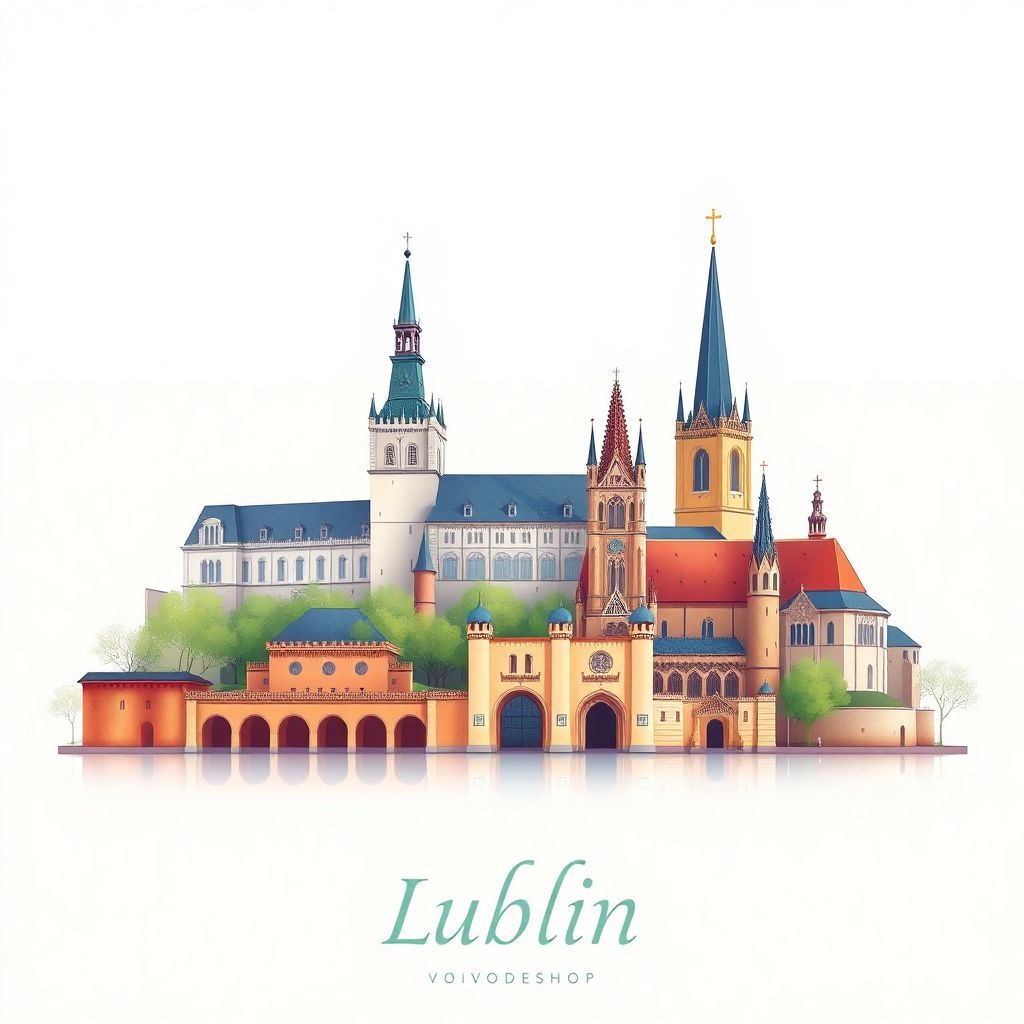 Ultra-high-definition gradient illustration style Lublin depiction, featuring the Lublin Castle, the Krakow Gate, and the Metropolitan Cathedral.