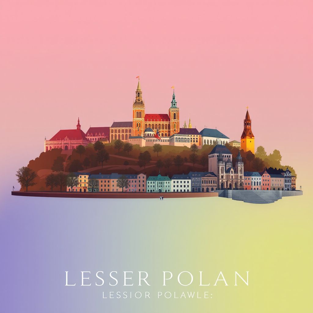 Ultra-high-definition gradient illustration of Lesser Poland Voivodeship, featuring Wawel Castle, Krakow's historic center, and obwarzanek krakowski bread.