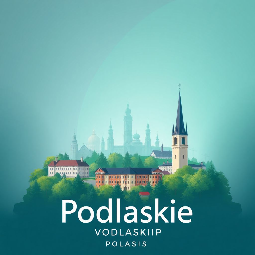 Ultra-high-definition gradient illustration style Podlaskie Voivodeship illustration, showing the unique charm of the Bialowieza Forest and the Bialystok Town Hall.