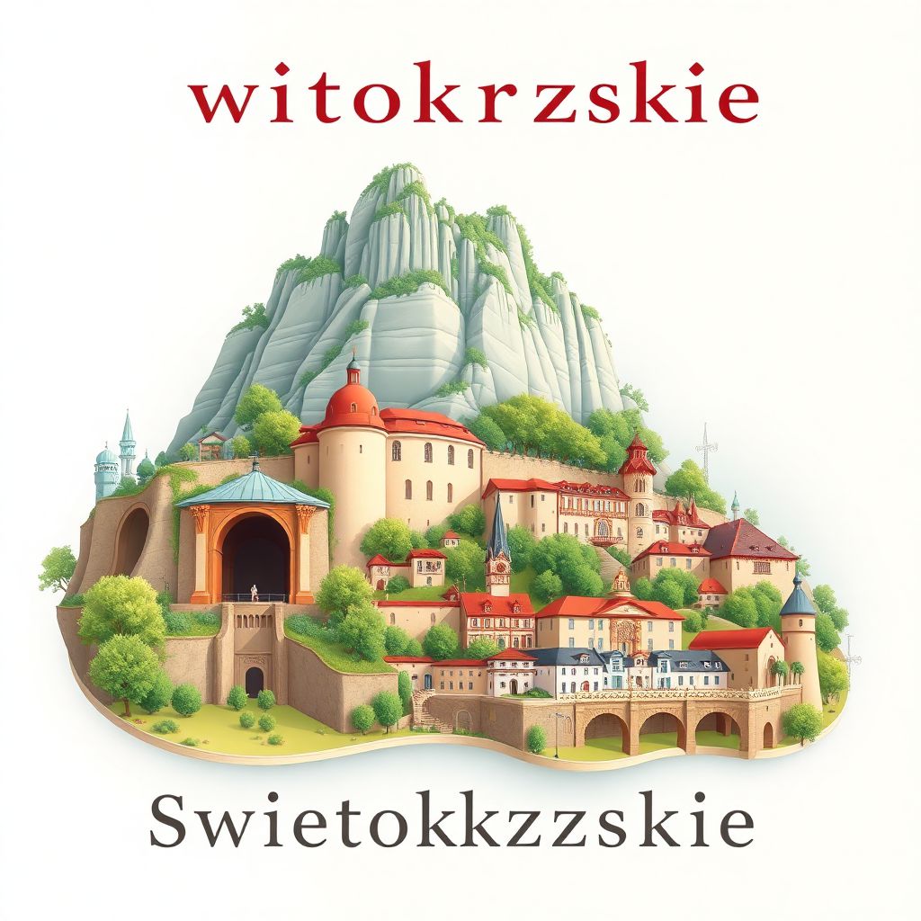 Ultra-high-definition gradient illustration style Swietokrzyskie illustration, showcasing the unique charm of the Krzemionki Prehistoric Striped Flint Mining Region, the Jaskinia Raj Cave, and Sandomierz.