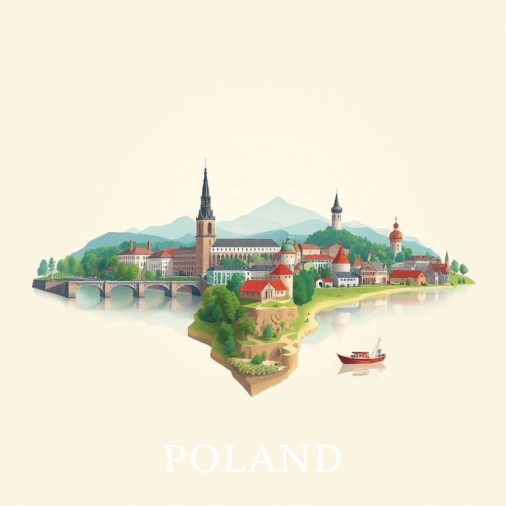 Ultra-high-definition gradient illustration of Warmian-Masurian Voivodeship, featuring the Elblag Canal, Wolf's Lair, and Masurian Lake District.