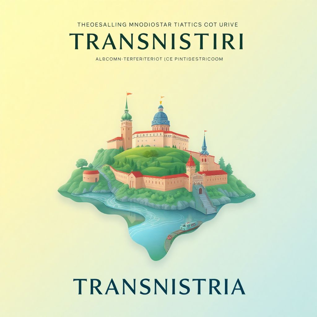 Ultra-high-definition gradient illustration style artwork of Transnistria, Moldova, featuring the Bendery Fortress, the Dniester River, and placinte.