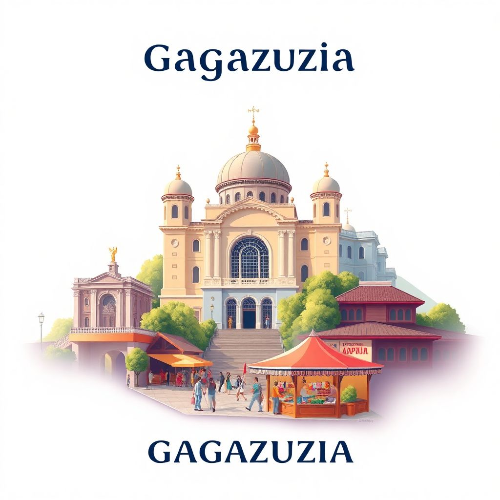 Ultra-high-definition gradient illustration style Gagauzia, Moldova, featuring the Gagauzia National Museum and vibrant local markets.