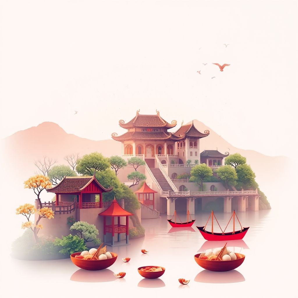 Ultra-high-definition gradient illustration of Xã Lương Tài featuring Pho Bo Temple, Red River, and Bun Cha.