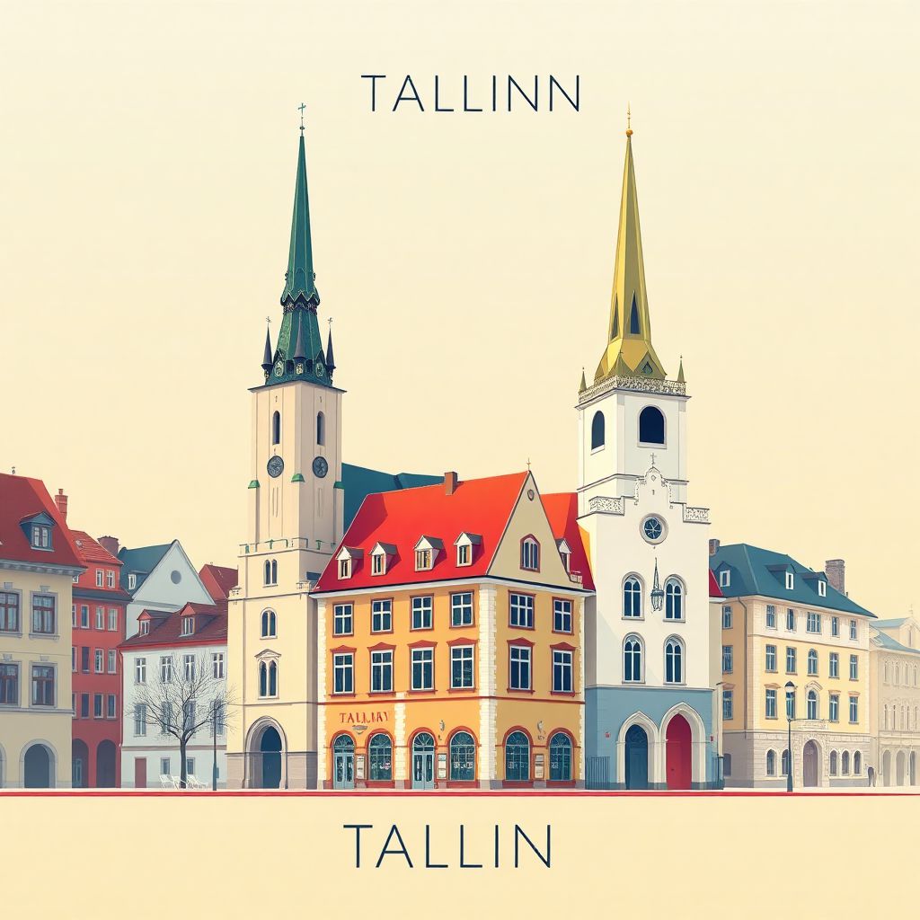 Ultra-high-definition gradient illustration of Tallinn, featuring the Alexander Nevsky Cathedral and the Town Hall Pharmacy.