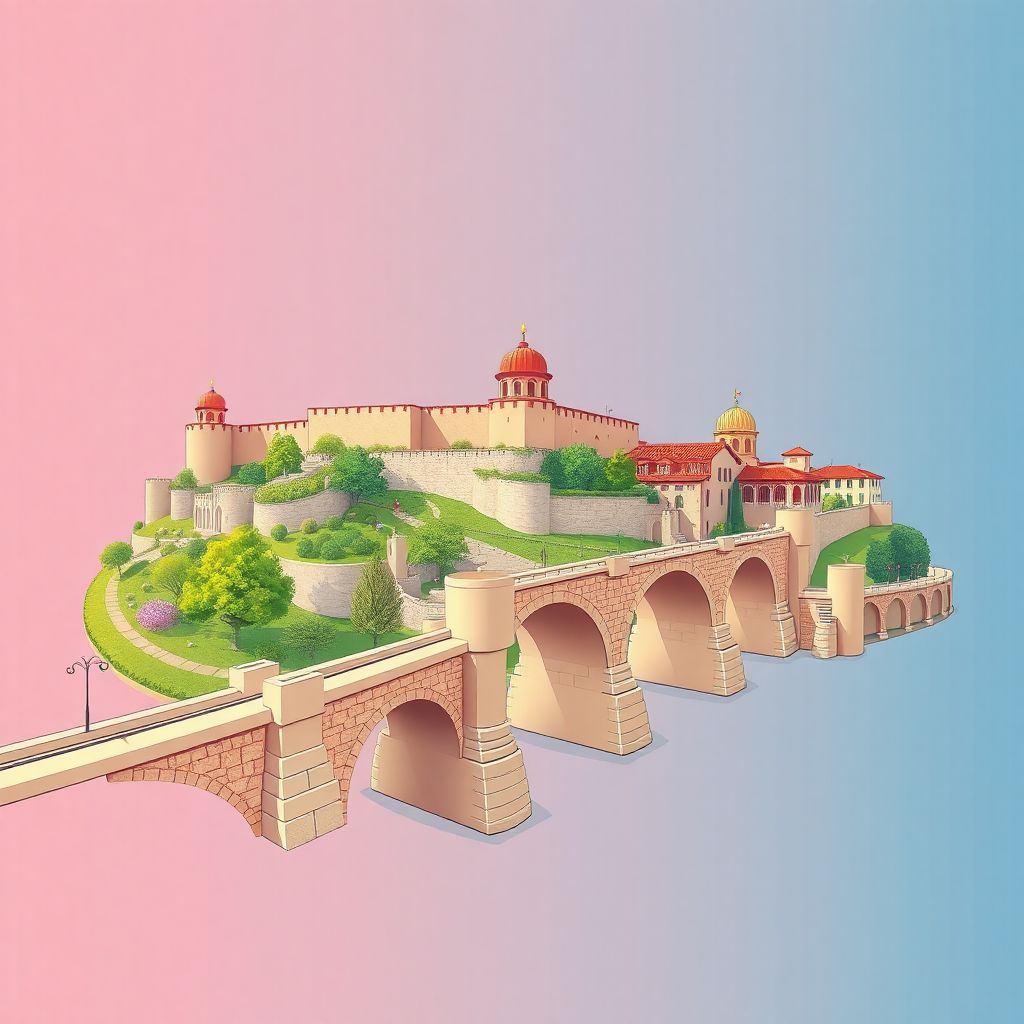 Ultra-high-definition gradient illustration of Opstina Centar, Grad Skopje, North Macedonia, featuring the Skopje Fortress, the Stone Bridge, and Tavce Gravce.