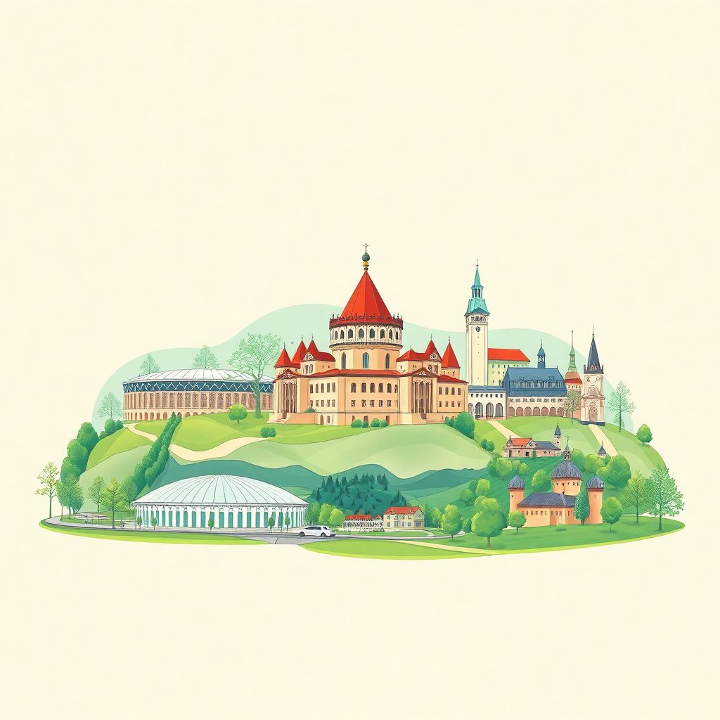 Ultra-high-definition gradient illustration style Alytus County illustration, showing the unique charm of the Alytus Arena, the Alytus Castle, and Dzūkija National Park.