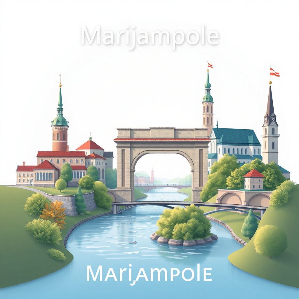 Ultra-high-definition gradient illustration of Marijampole County, Lithuania, featuring the Sūduva Arch, Marijampole Cathedral, and Šešupė River.
