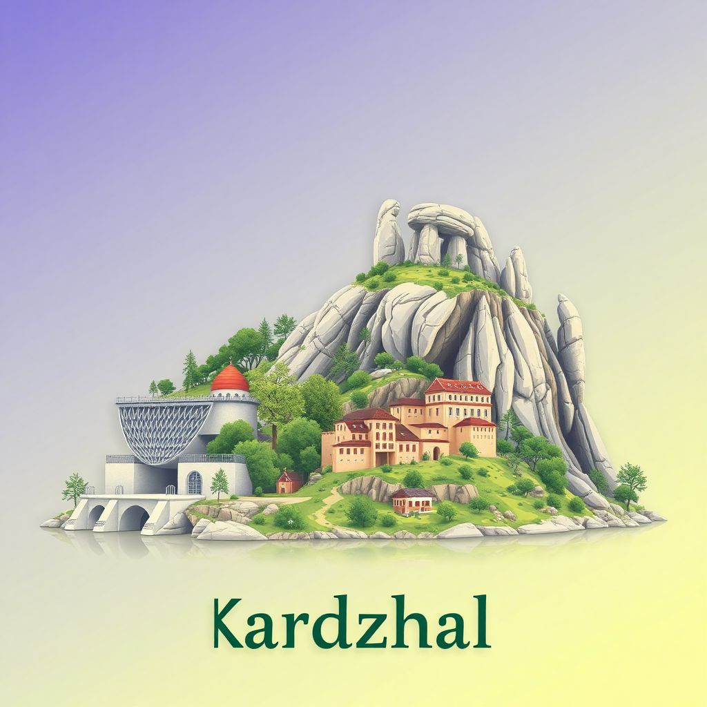 Ultra-high-definition gradient illustration style Kardzhali illustration, featuring the Kardzhali Dam, Perperikon ancient city, and Stone Wedding rock formation.