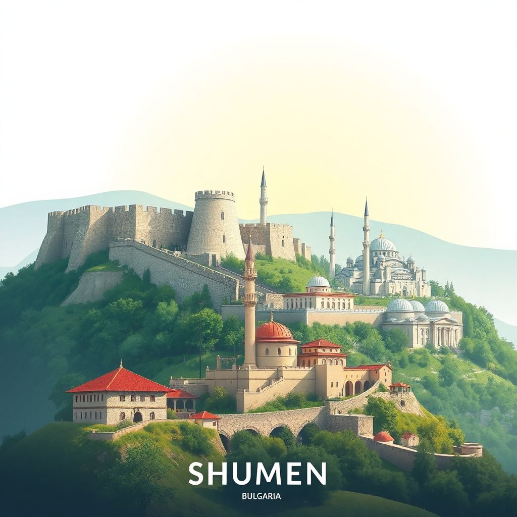 Ultra-high-definition gradient illustration of Shumen, Bulgaria, featuring the Shumen Fortress, Tombul Mosque, and Shumen Plateau Nature Park.