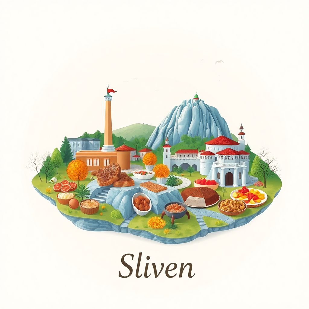 Ultra-high-definition gradient illustration style Sliven illustration, showing the unique charm of the Blue Rocks nature reserve, the Hadzhi Dimitar Monument.