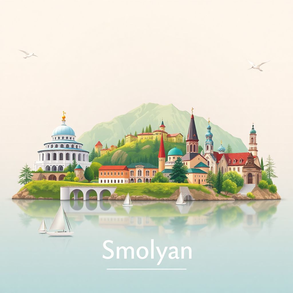 Ultra-high-definition gradient illustration style Smolyan illustration, showing the unique charm of the Smolyan Lakes, the Planetarium, and historic churches.