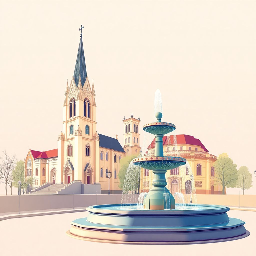 Ultra-high-definition gradient illustration style Kosice image, showing the unique charm of St. Elizabeth Cathedral and the Singing Fountain.