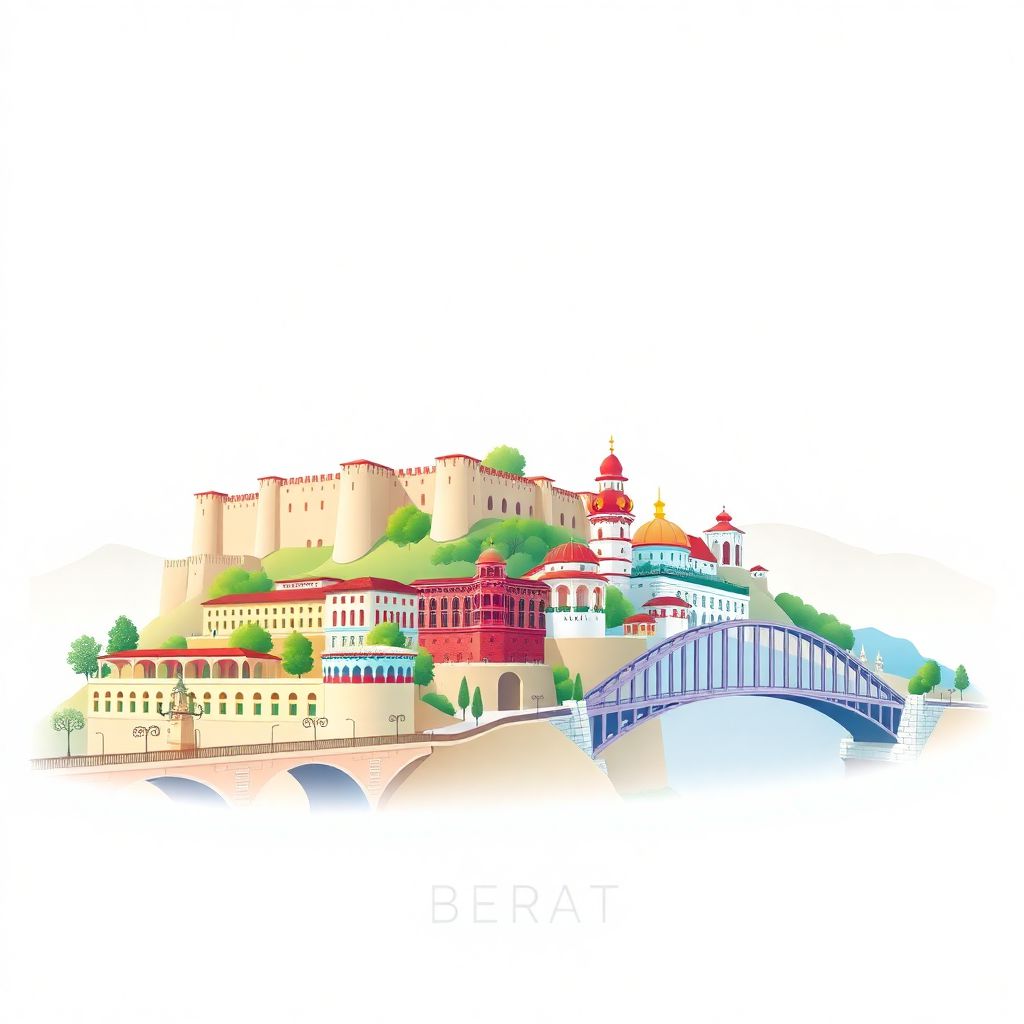 Ultra-high-definition gradient illustration style Berat County artwork, featuring the Berat Castle, the National Ethnographic Museum, and the Gorica Bridge.