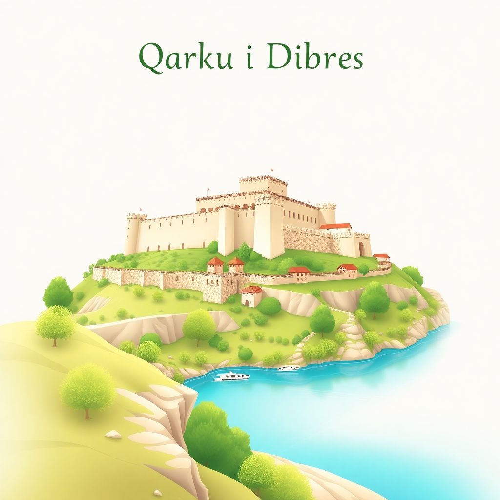 Ultra-high-definition gradient illustration of Qarku i Dibres, Diber County, Albania, featuring the Diber Castle and the Drin River.