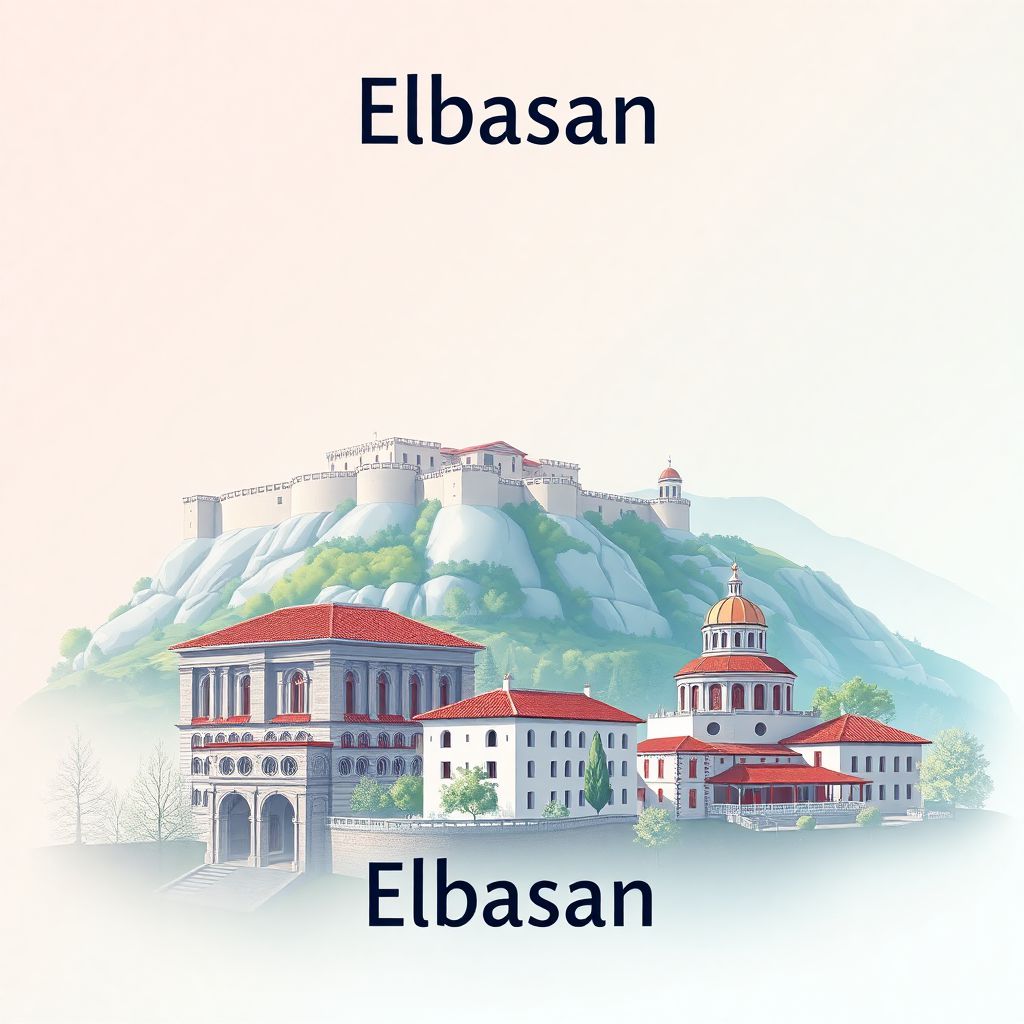 Ultra-high-definition gradient illustration of Elbasan County, Albania, featuring Elbasan Castle, Ethnographic Museum, and Tavë Kosi.