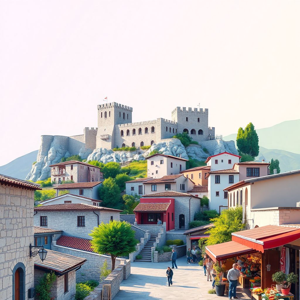 Ultra-high-definition gradient illustration of Qarku i Gjirokastres, featuring Gjirokaster Castle, traditional stone houses, and the Gjirokaster Bazaar.