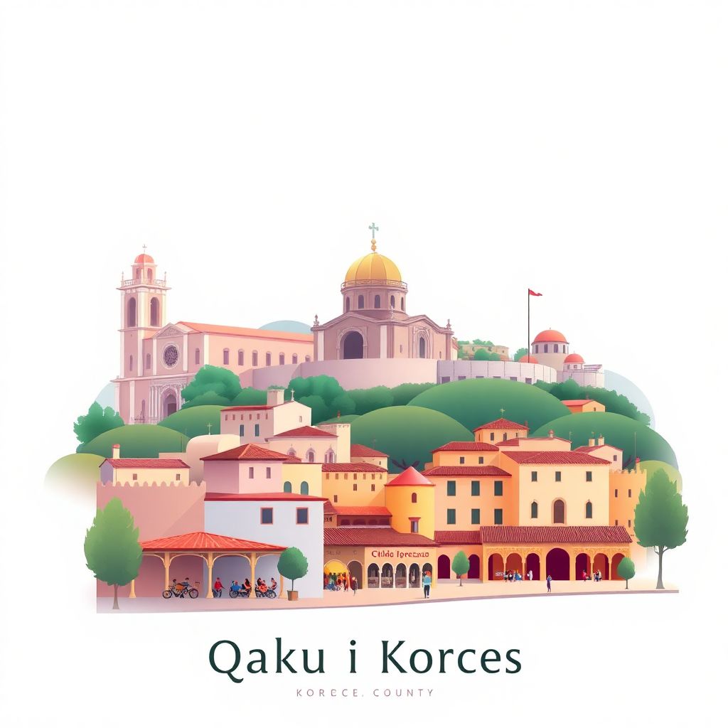 Gradient illustration of Qarku i Korces, Albania, featuring the Resurrection Cathedral, Old Bazaar, and Lakror.
