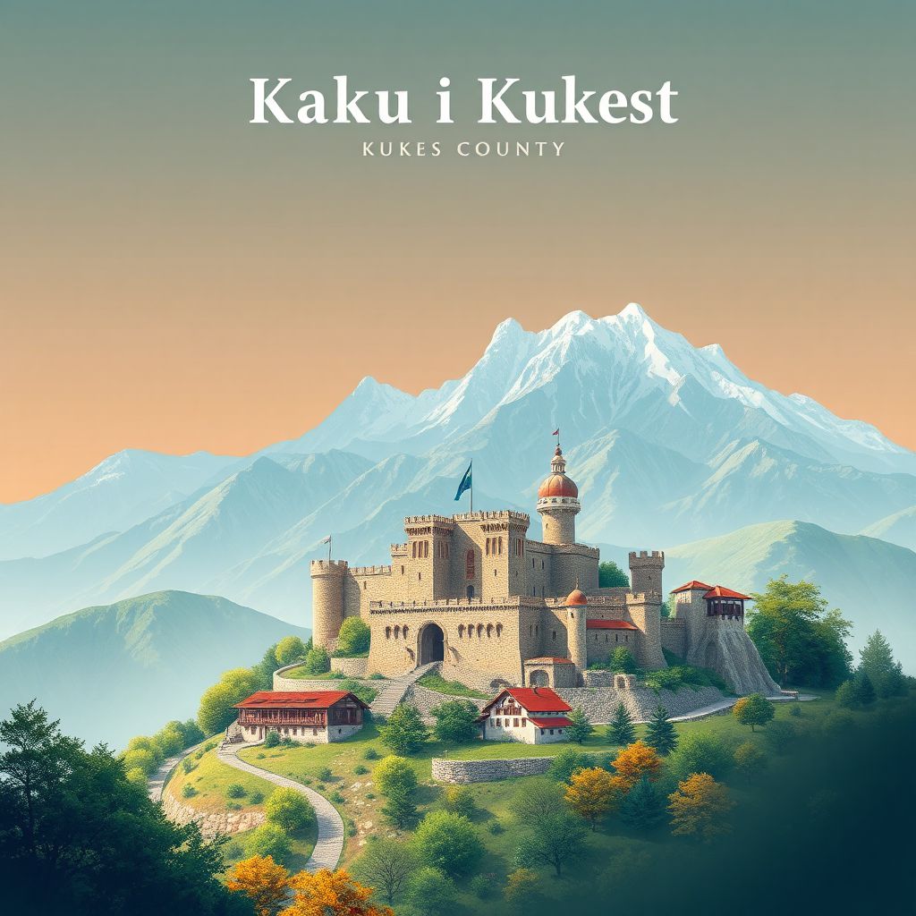 Ultra-high-definition gradient illustration of Qarku i Kukesit, Kukes County, Albania, featuring Kukes Castle and the Albanian Alps.