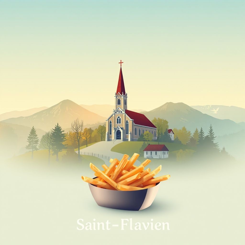 Ultra-high-definition gradient illustration of Saint-Flavien, featuring the Saint-Flavien Church, Appalachian Mountains, and Quebec's famous poutine dish.