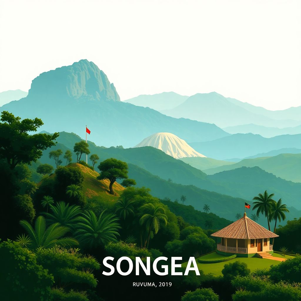 Ultra-high-definition gradient illustration of Songea, Ruvuma, Tanzania, featuring the Majimaji Memorial and the lush landscapes of the Southern Highlands.