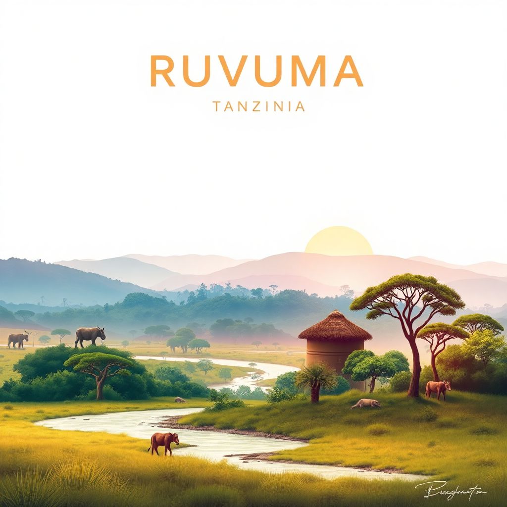 Ultra-high-definition gradient illustration of Ruvuma Region, featuring the Ruvuma River, Selous Game Reserve, and Maasai culture.