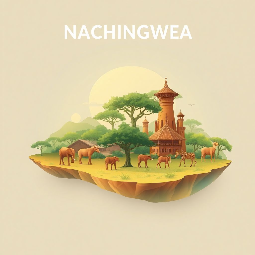 Ultra-high-definition gradient illustration style Nachingwea, Lindi, Tanzania illustration, showing the unique charm of the Selous Game Reserve and Makonde wood carvings.