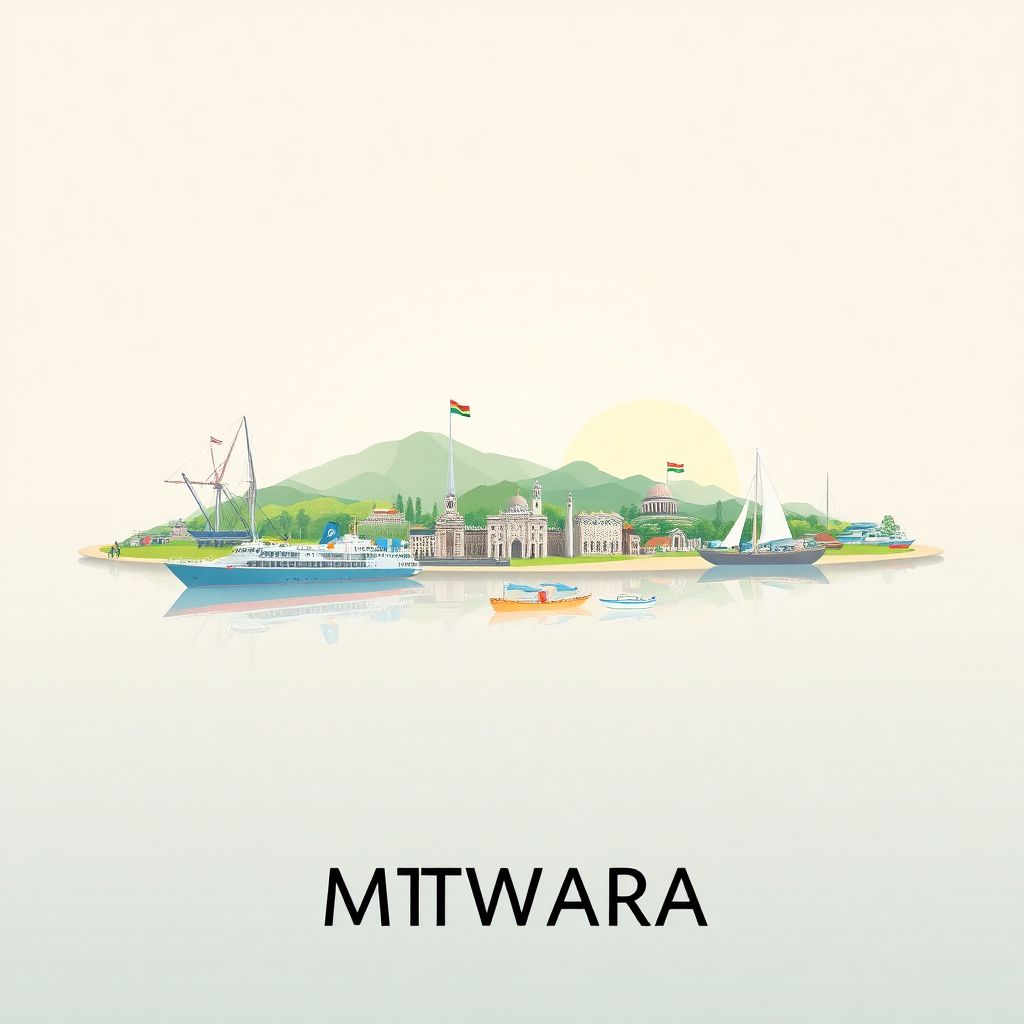 Ultra-high-definition gradient illustration style Mtwara artwork, featuring Mtwara Port and the Mnazi Bay-Ruvuma Estuary Marine Park.