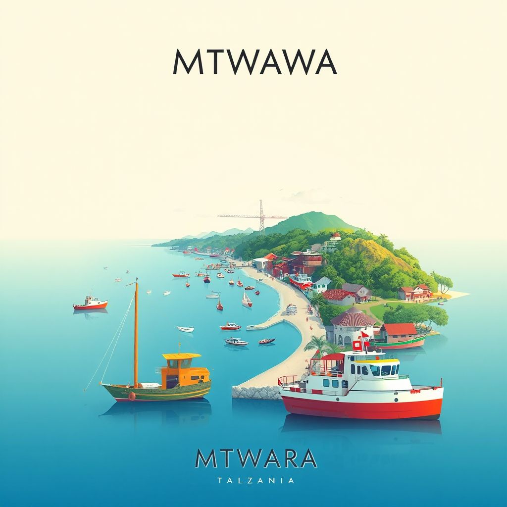 Ultra-high-definition gradient illustration of Mtwara, Tanzania, featuring Mtwara Port, coastal beaches, and fresh seafood.