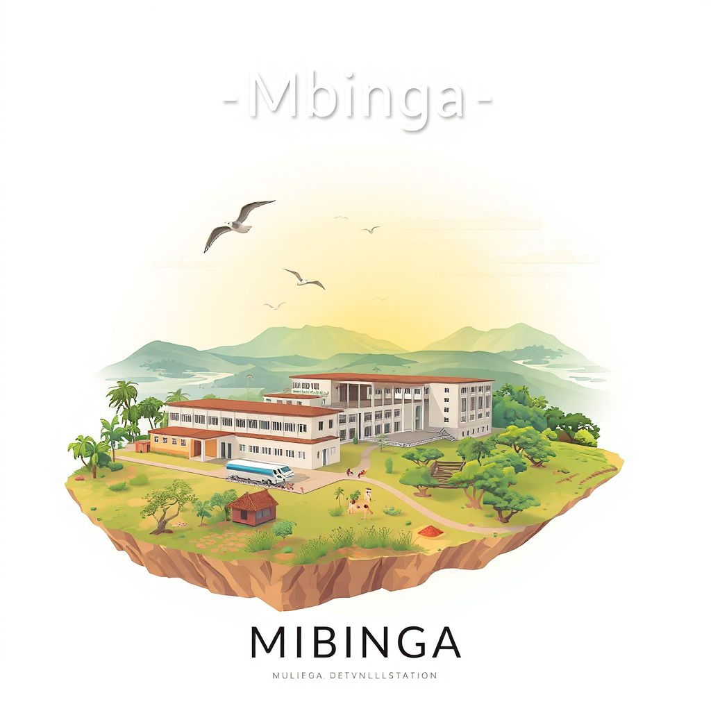 Ultra-high-definition gradient illustration style Mbinga illustration, showing the unique charm of the Mbinga District Hospital and beautiful landscapes.