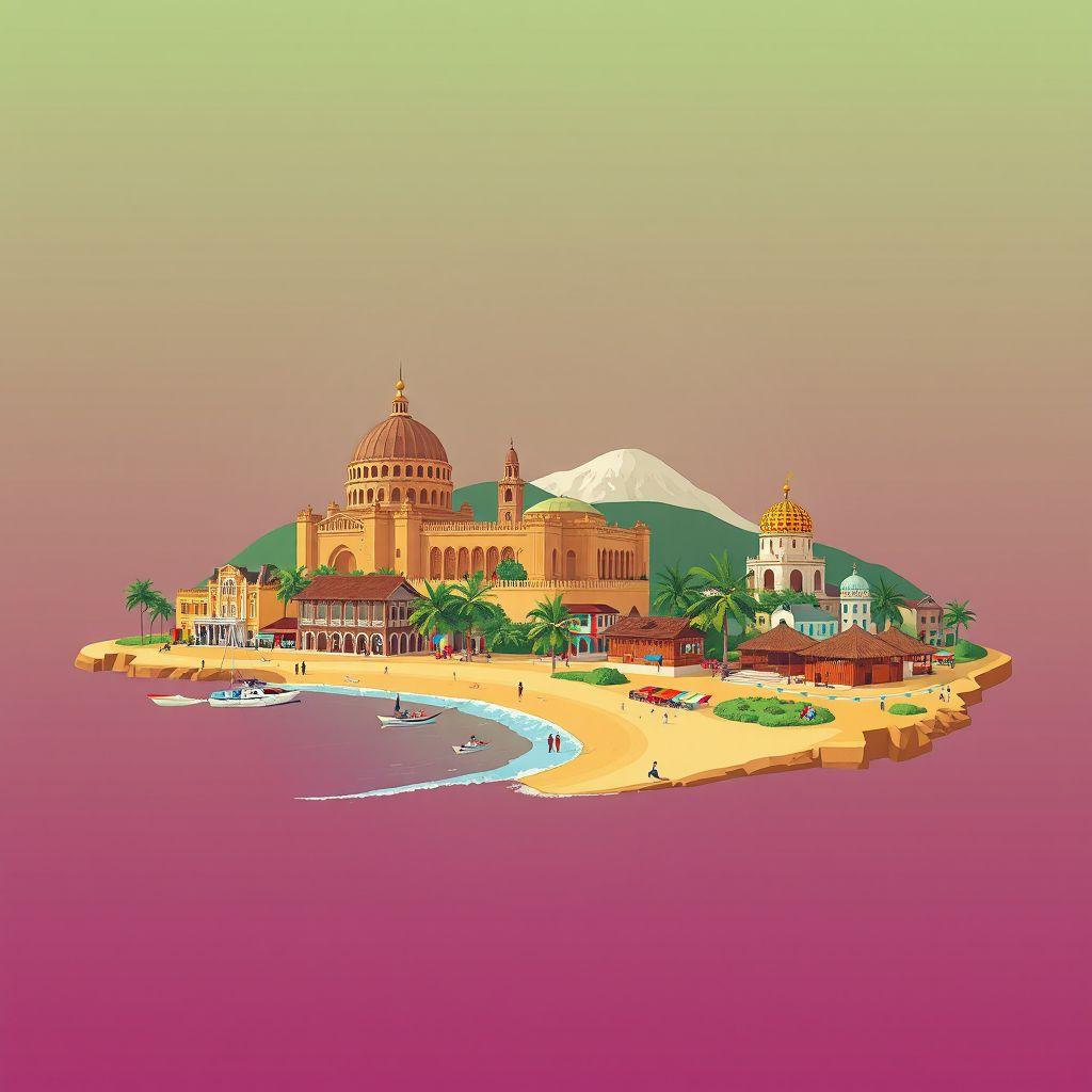 Ultra-high-definition gradient illustration style Lindi Urban illustration, showing the unique charm of the historic German boma, beautiful beaches, and vibrant local markets.