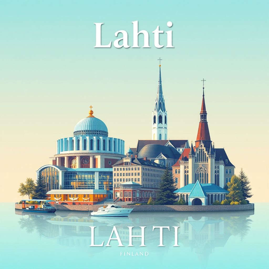 Ultra-high-definition gradient illustration style Lahti illustration, showing the unique charm of the Sibelius Hall, the Lahti Ski Museum, and the Lahti Cathedral.