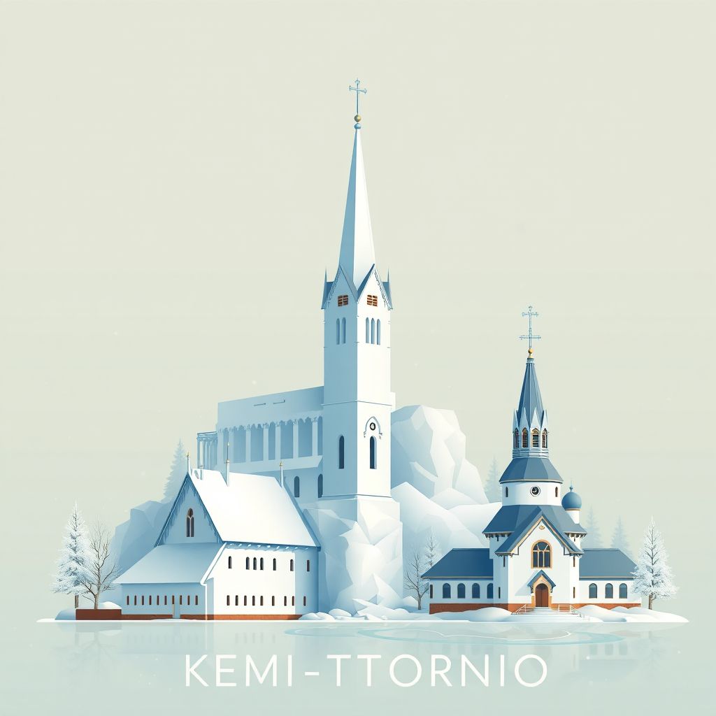 Ultra-high-definition gradient illustration style Kemi-Tornio illustration, showing the unique charm of the SnowCastle, the Kemi Church, and the Tornio Church.