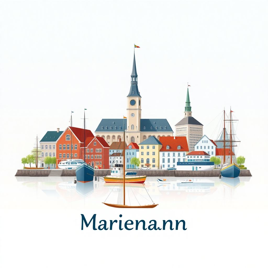 Ultra-high-definition gradient illustration of Mariehamns stad, Aland Islands, featuring the Mariehamn Town Hall, the Pommern Museum Ship, and the Aland Maritime Museum.