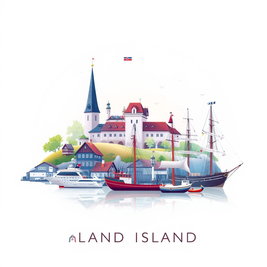 Ultra-high-definition gradient illustration style Aland Islands illustration, showing the unique charm of the Åland Maritime Museum, the Kastelholm Castle, and the Pommern Ship.