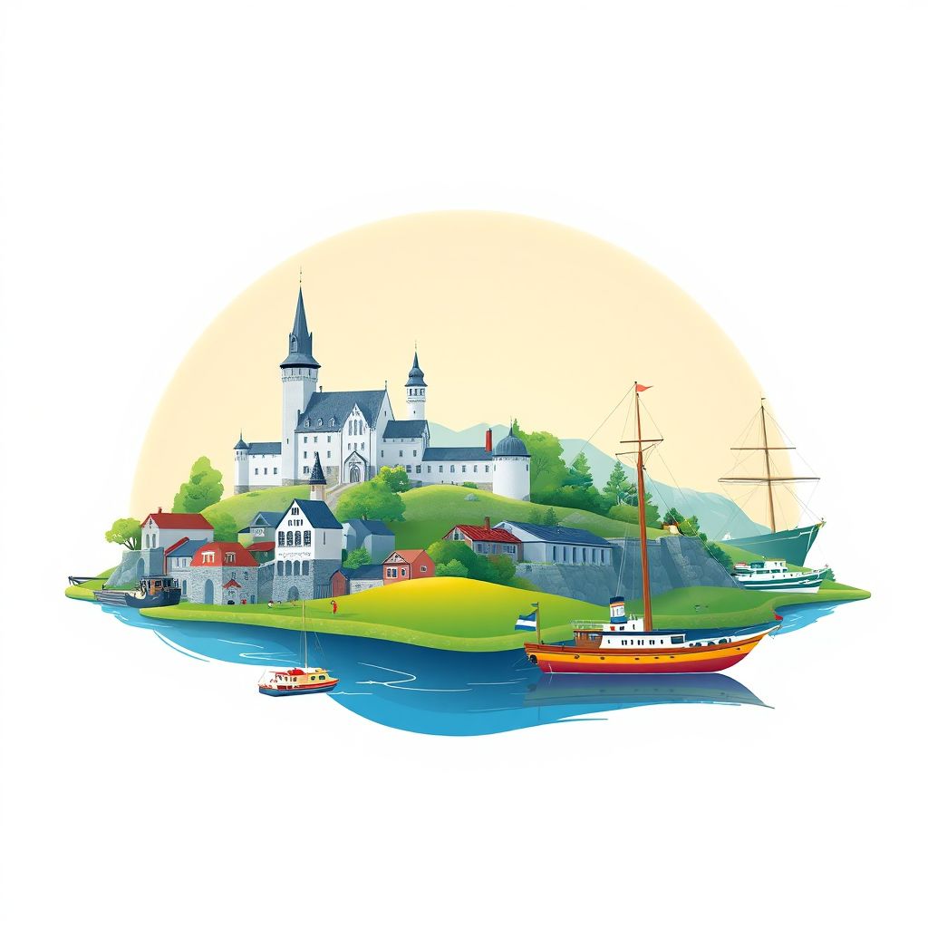 Ultra-high-definition gradient illustration style Aland Islands illustration, featuring Kastelholm Castle, the Museum Ship Pommern, and scenic landscapes.
