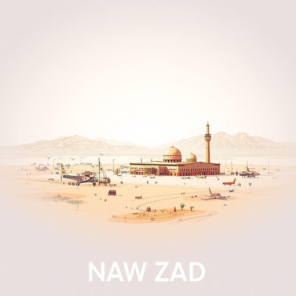 Ultra-high-definition gradient illustration style Naw Zad illustration, showing the unique charm of the Naw Zad Airfield and the desert landscape.