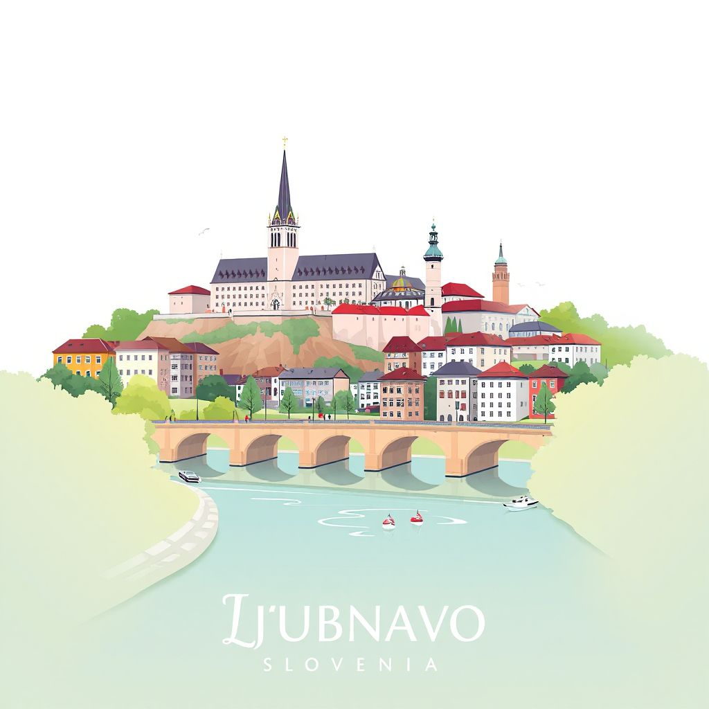 Ultra-high-definition gradient illustration style Ljubljana illustration, showing the unique charm of Ljubljana Castle, the Ljubljanica River.
