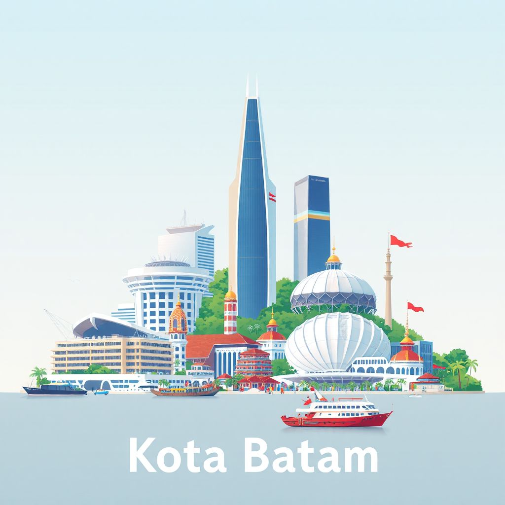 Ultra-high-definition gradient illustration style Kota Batam illustration, showing the unique charm of the Batam Centre Ferry Terminal, Nagasaki Park.