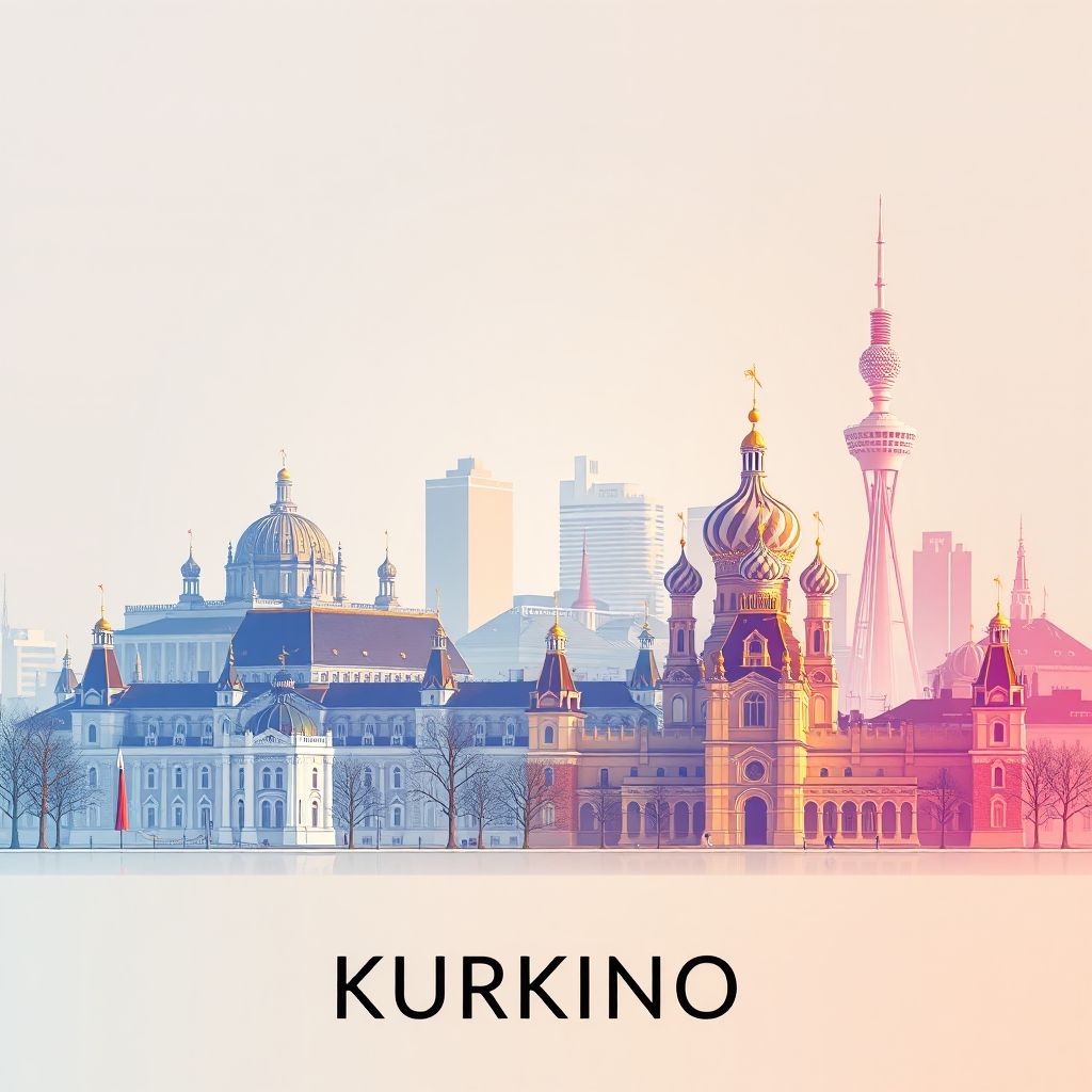 Ultra-high-definition gradient illustration of Kurkino District, Moscow, Russia, featuring Moscow State University, Ostankino Tower, traditional Russian architecture, and blinis.