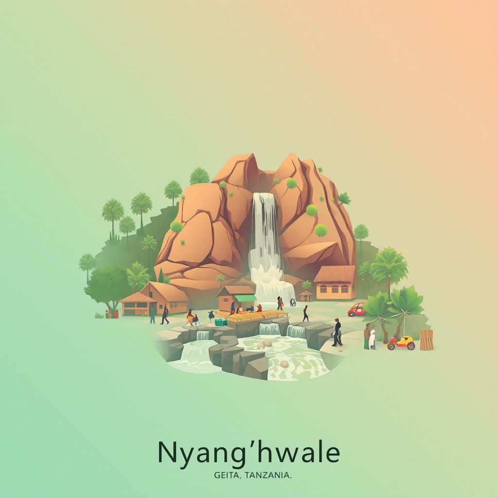 Ultra-high-definition gradient illustration style Nyang'hwale illustration, showing the unique charm of the Nyang'hwale Waterfall and the local market.