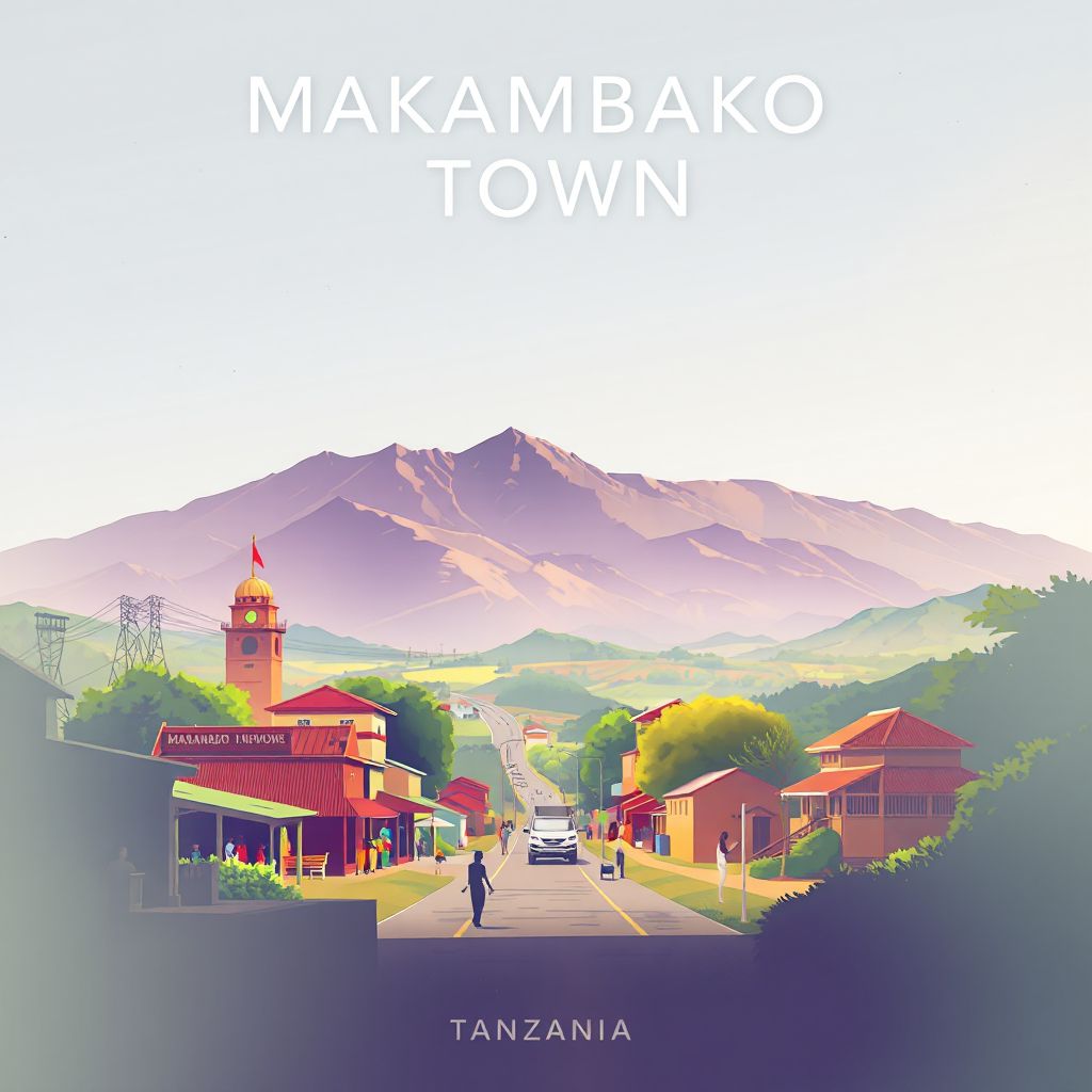 Ultra-high-definition gradient illustration style Makambako Town illustration, showing the unique charm of the Makambako Market, the Njombe Museum, and the Udzungwa Mountains.